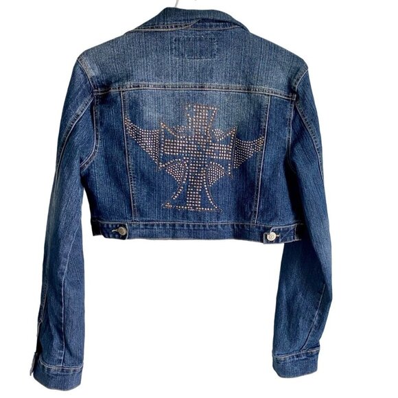 Paris Angel Embellished Crop Demin Jean Jacket Large - Picture 1 of 12